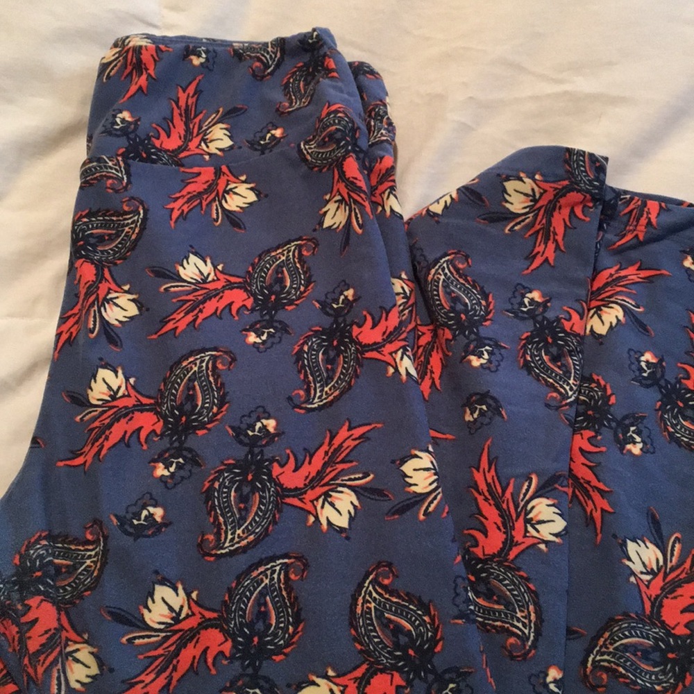 LulaRoe leggings one size blue,gold,orange print